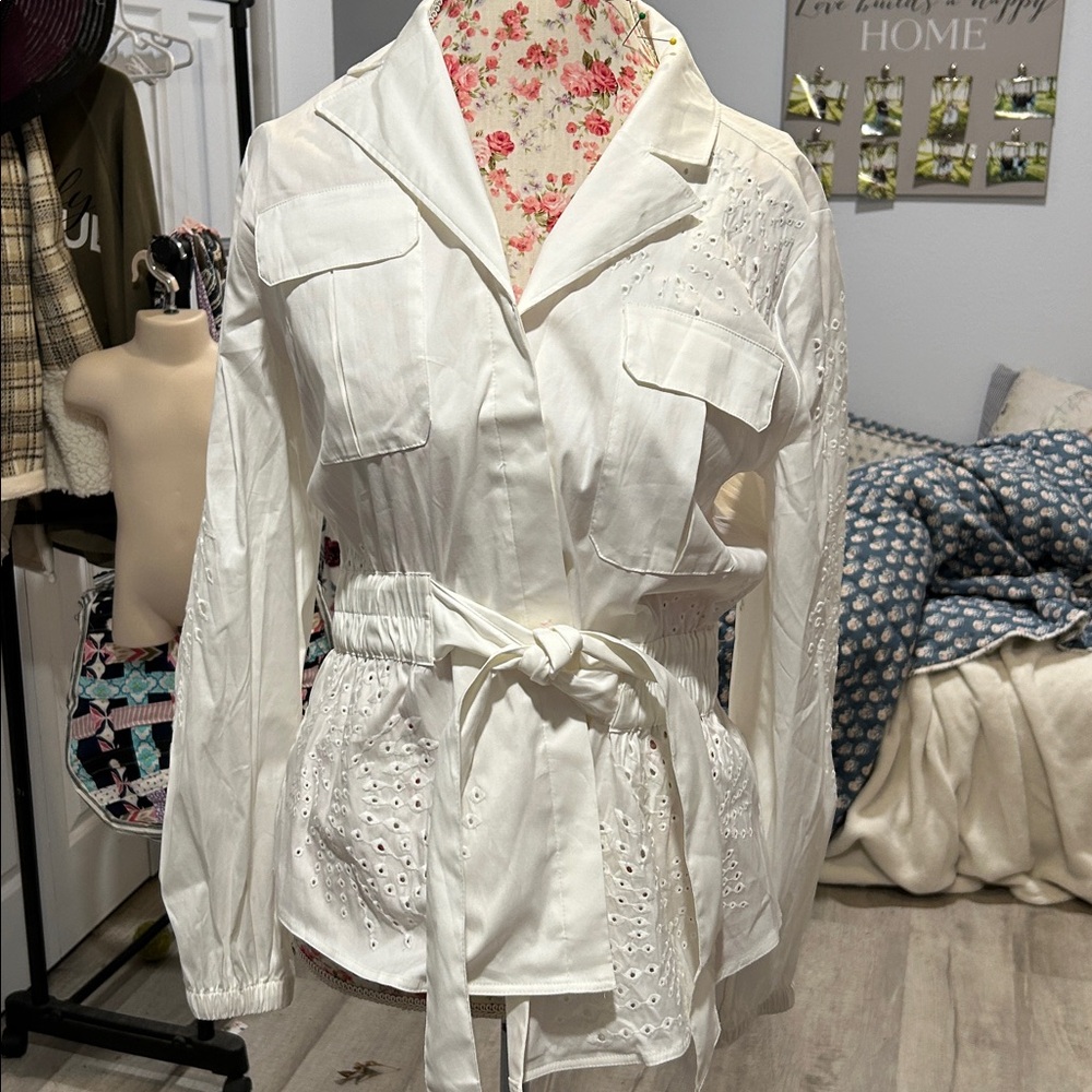 White House Black Market White Eyelet Trench Coat